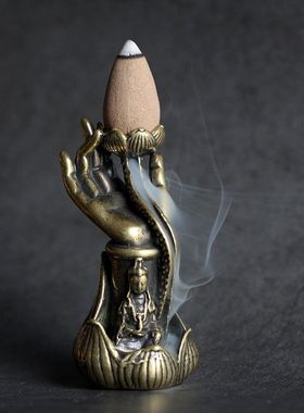 纯黄铜佛手莲花双层荷叶倒流香实心荷花池塘香架香薰茶宠小摆件