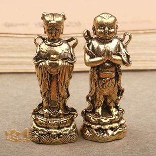 金属黄铜金童玉女摆件善财童子龙女家居客厅办公桌供奉小铜像