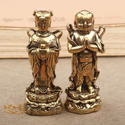 金属黄铜金童玉女摆件善财童子龙女家居客厅办公桌供奉小铜像