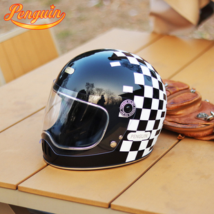 台湾penguin海鸟摩托车头盔全盔安全帽棋盘格黑白格男女巡航复古