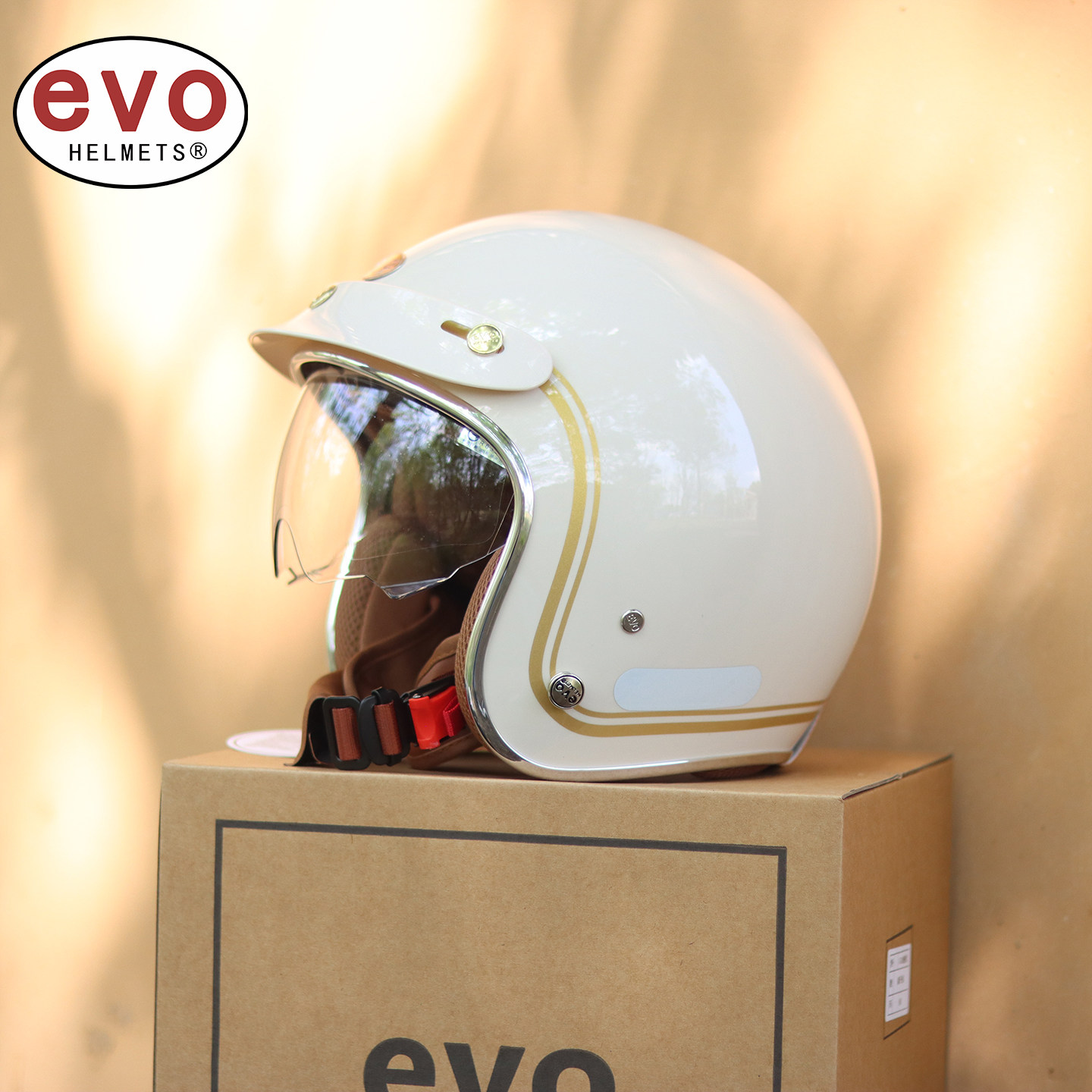 evo复古摩托车头盔通勤踏板内置镜片3C男女象牙白电动车内镜43盔