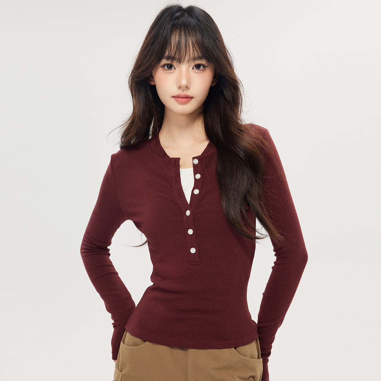 尔给长袖假两件修身显瘦打底衫