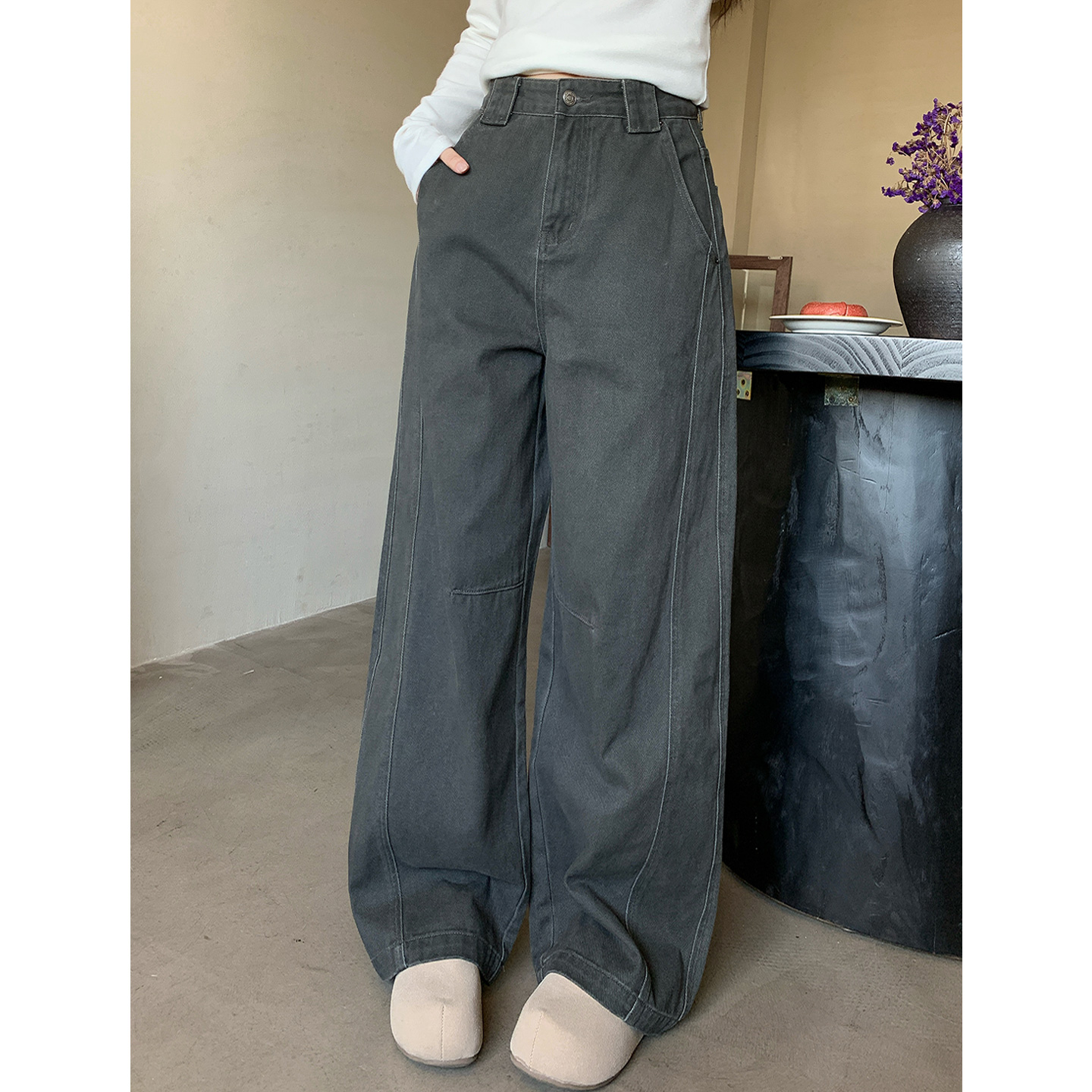 尔给秋冬360G小弯刀裤全棉日系复古水洗宽松百搭显瘦重磅阔腿裤女