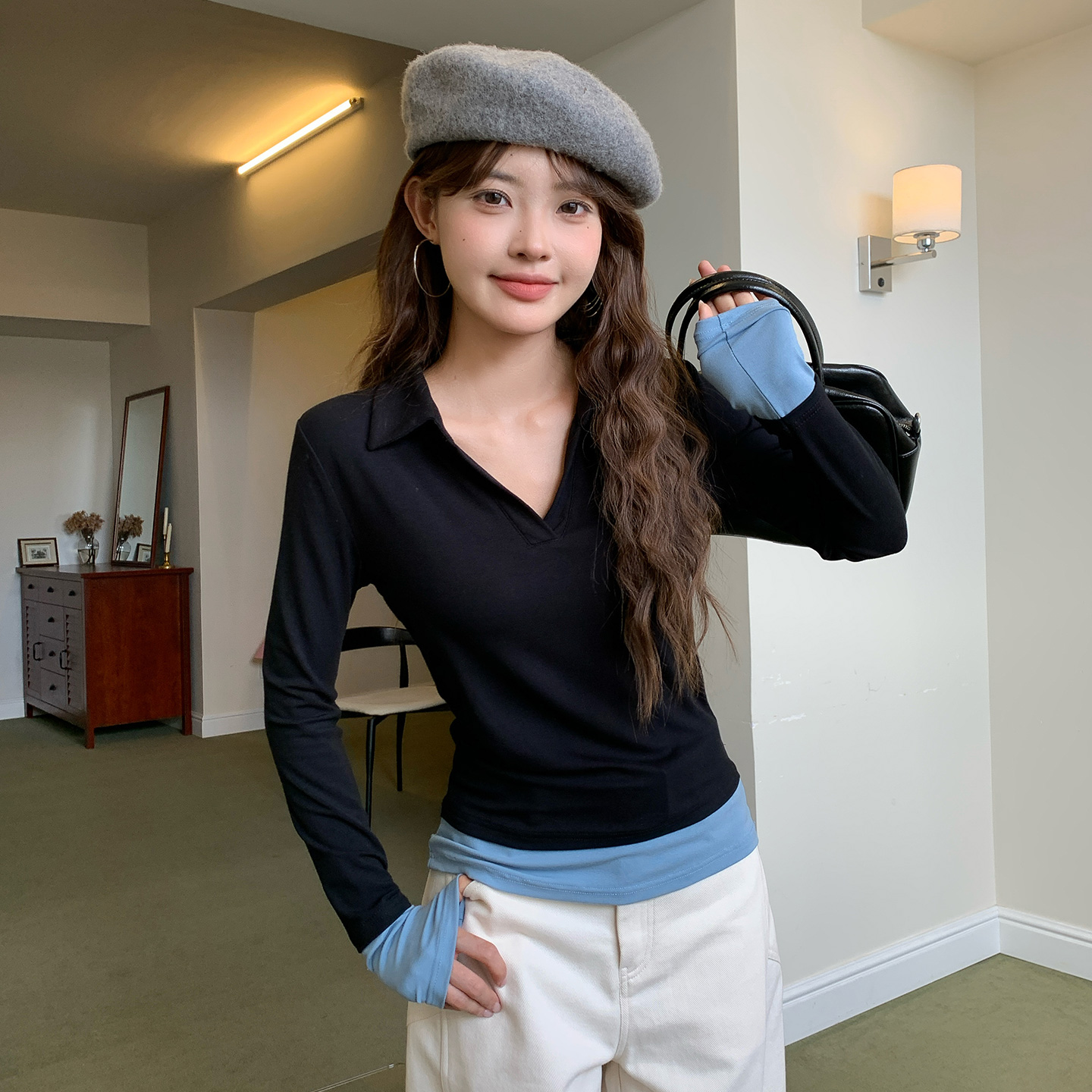 尔给半开领长袖T恤撞色拼接高级感气质秋冬时尚修身上衣