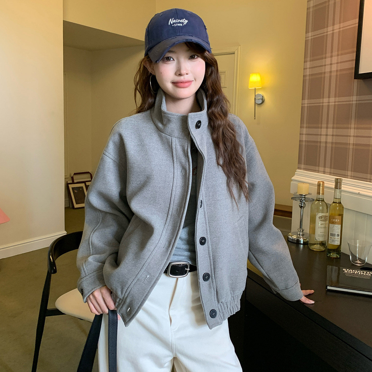 尔给立领长袖外套女小个子休闲时尚设计感宽松上衣