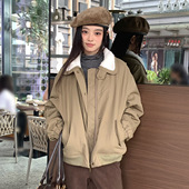 尔给冬季 美式 hiphop复古翻领加绒加厚休闲外套女秋冬宽松保暖棉服