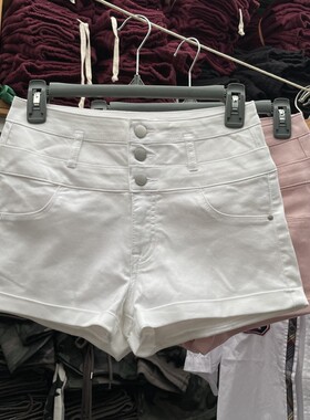 女士纯色高腰纽扣短裤棉质舒适弹力裤遮肚子显瘦
