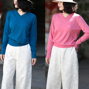 游设原创绵羊毛v领针织衫 悦色