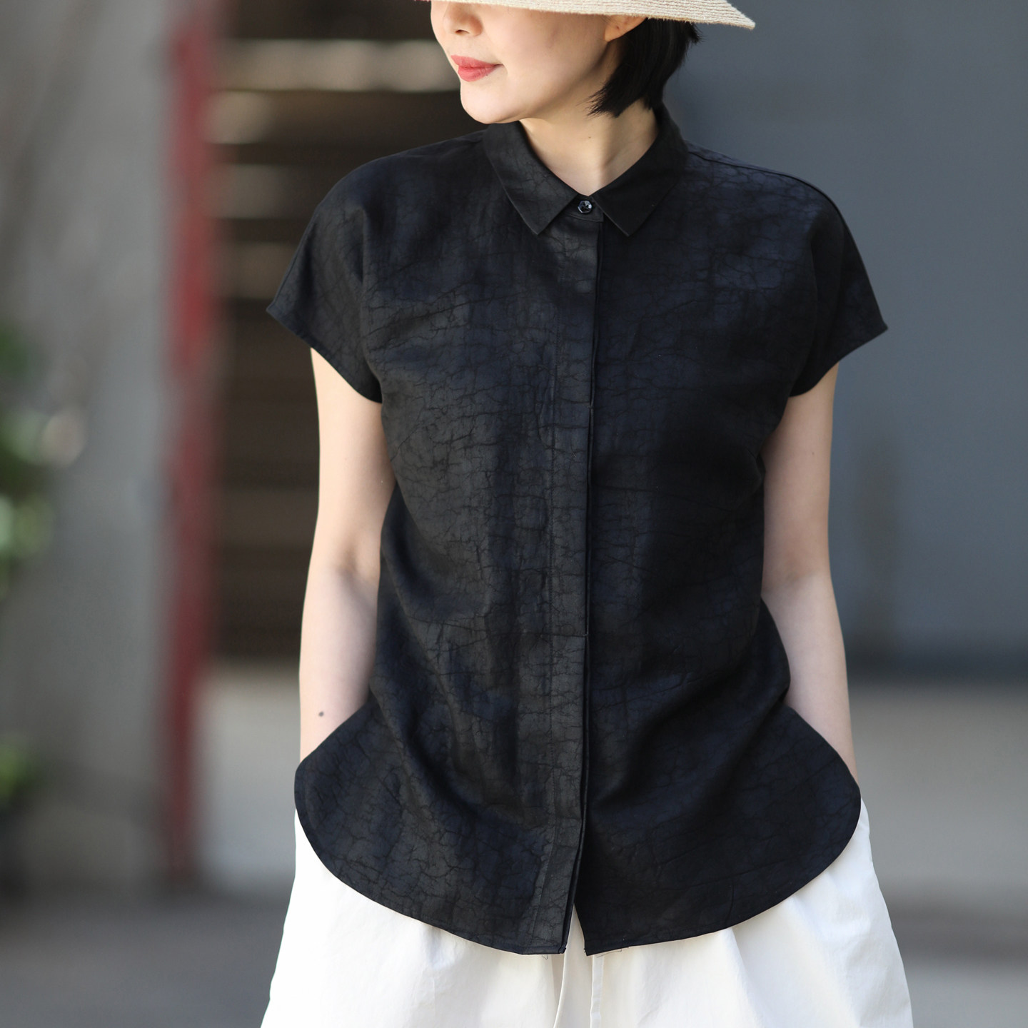 游设原创小翻领圆弧下摆暗门襟重磅龟纹香云纱真丝上衣衬衫 云泥