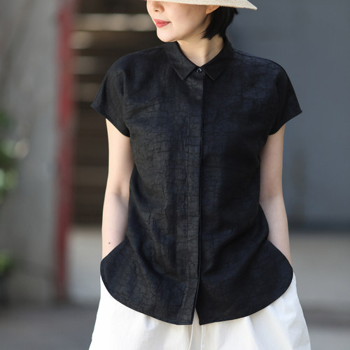 游设原创小翻领圆弧下摆暗门襟重磅龟纹香云纱真丝上衣衬衫 云泥