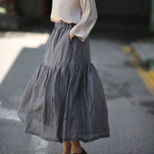 游设原创天丝亚麻拼接大摆半身裙 灰胭