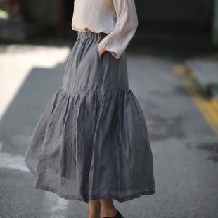 游设原创天丝亚麻拼接大摆半身裙 灰胭