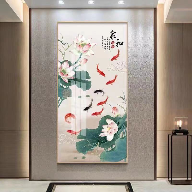 荷花九鱼图新中式入户玄关装饰画竖版过道壁画走廊背景墙晶瓷挂画图片