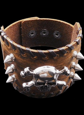 银色合金骷髅尖钉棕牛皮朋克手环