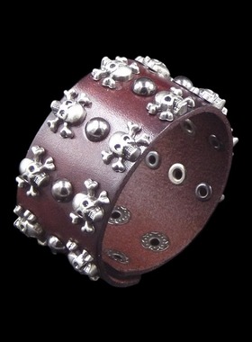 小骷髅鬼头圆球铆钉酒红皮革手链