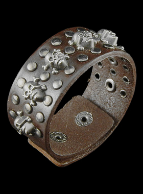 酒红棕皮革复古银灰色骷髅头手环