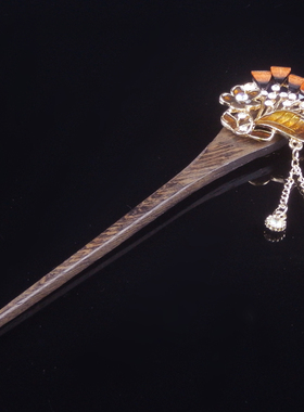 土黄色合金属花叶复古棕色木头水钻潮欧美发簪子发饰品发钗头钗子