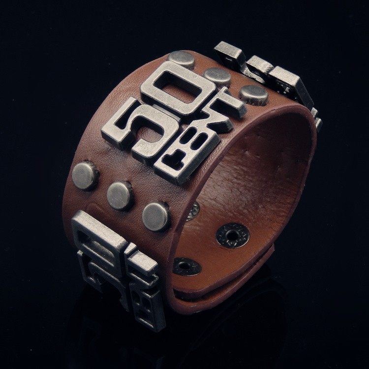 霸气新创意棕色皮质复古银灰合金数字50朋克手链男女饰品潮人手镯