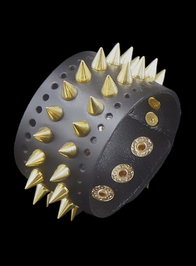 圆锥尖铆钉孔眼黑色牛皮朋克手链