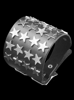 杀马特银色五角星朋克黑宽皮手链