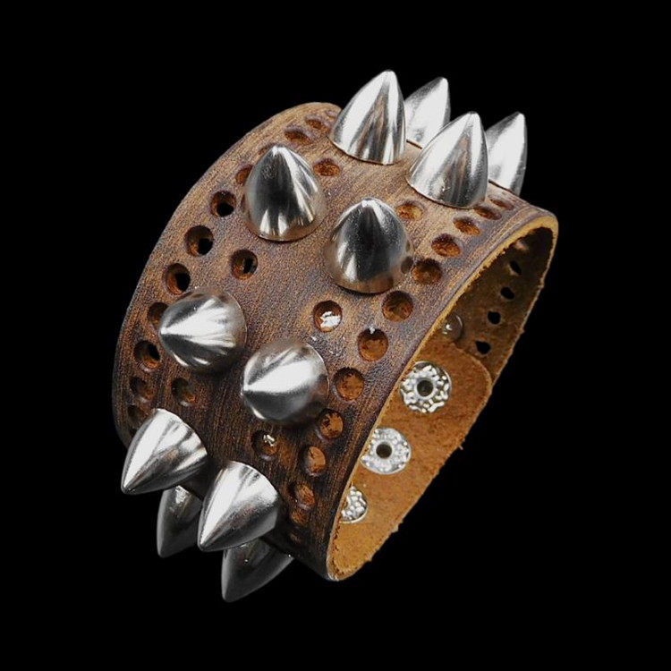 夸张银色合金莲蓬钉咖啡棕色原生自然牛皮朋克手链装饰品手镯手环