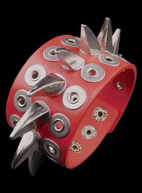 银色合金牛角铆钉锯齿大红皮手链