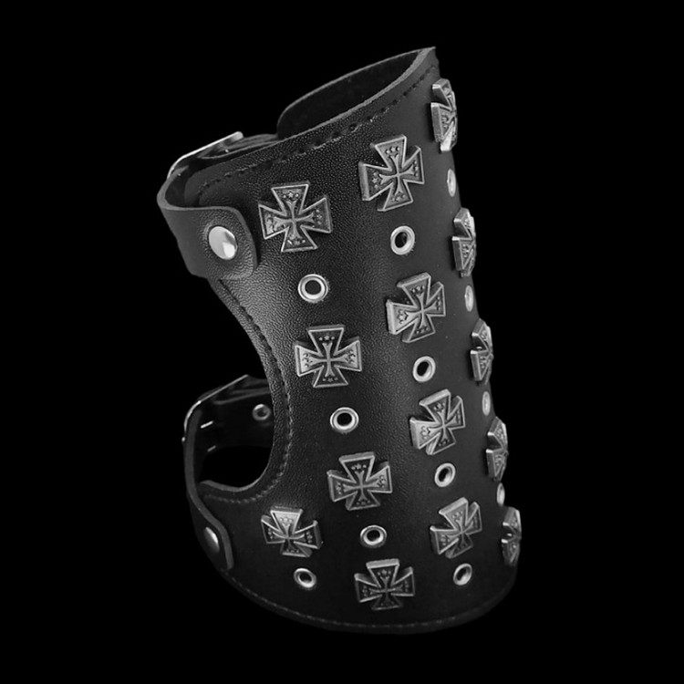 大气夸张时尚黑皮银灰回旋镖气眼扣孔眼朋克手链装饰品手镯大手带