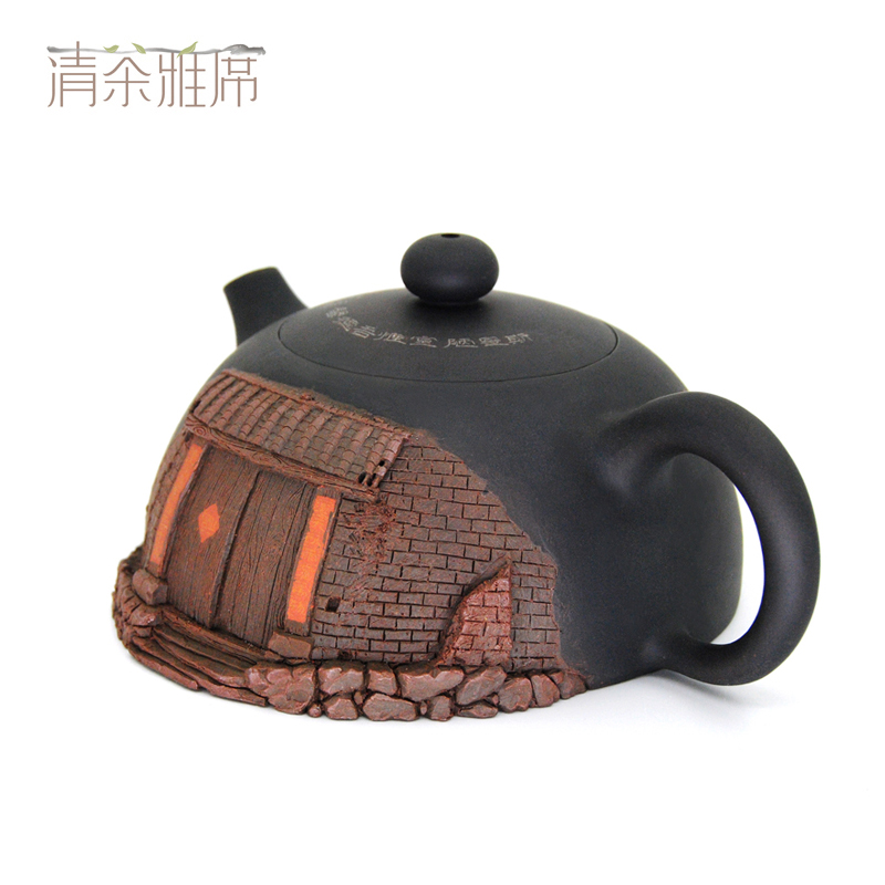 清茶雅席建水紫陶壶名家王天龙紫陶全手工高浮雕田园风老屋半月壶