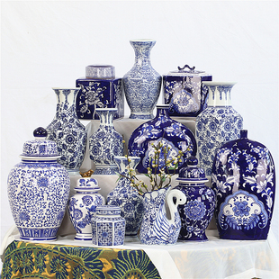 中式 饰摆设 仿古青花瓷器将军罐花瓶摆件家居客厅书房玄关博古架装