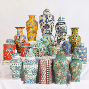 欧式 饰品 复古陶瓷粉彩花瓶将军罐民宿酒店样板间桌面摆件博古架装