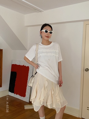 纯棉短袖海浪波浪褶皱设计T恤女