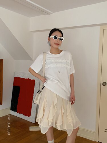纯棉短袖海浪波浪褶皱设计T恤女