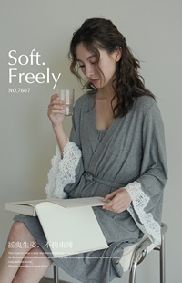 春秋睡袍薄优雅性感莫代尔蕾丝拼接长袖 腰带晨袍家居浴袍V领女士