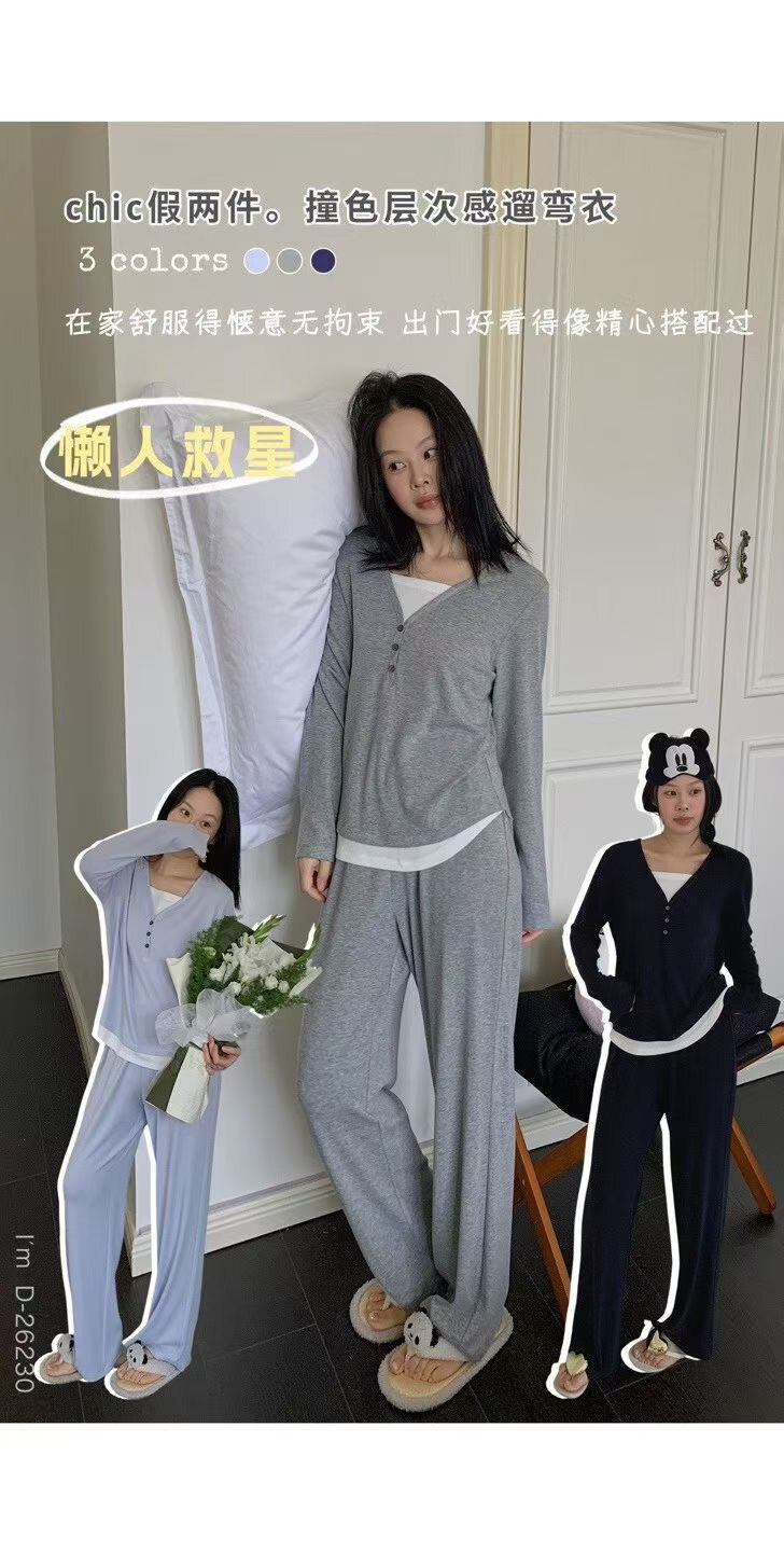 杜小宅chic假两件撞色遛弯睡衣女