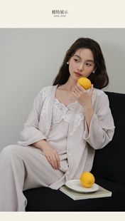 25年秋冬羊绒蛋白洛可可三件套吊带长裤 外套胸垫优雅睡衣家居服女