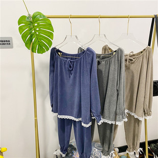 女 套装 尚尼秀睡衣双面薄绒莫代尔磨毛蕾丝家居服宽松甜美长袖 长裤