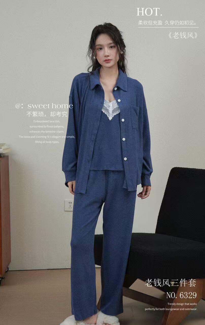 秋冬老钱凤磨毛睡衣套装三件套女