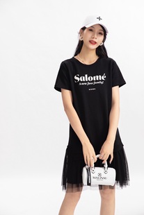 Lisuo利索学院风减龄宽松显瘦黑色连衣裙女夏季短袖T恤拼接网纱裙