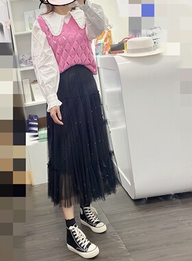 Yn韩系品牌秋冬季甜美风粉色镂空针织马甲背心减龄百搭毛衣马夹