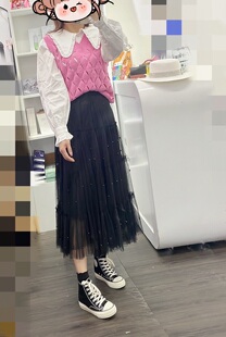 Yn韩系品牌秋冬季甜美风粉色镂空针织马甲背心减龄百搭毛衣马夹