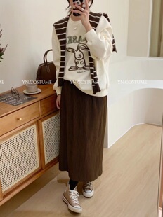 YN新品韩版宽松慵懒风披肩两件套圆领卫衣女2023秋冬小熊套头上衣