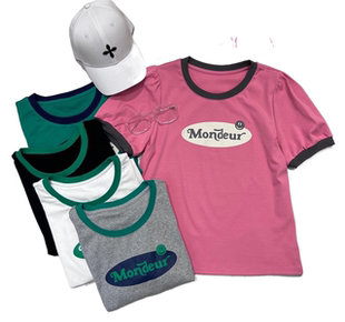 利索LiSuo撞色T恤女ins夏季字母印花圆领短袖上衣修身显瘦百搭