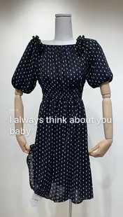 利索LiSuo法式气质复古波点雪纺连衣裙女夏季一字领露肩收腰裙子