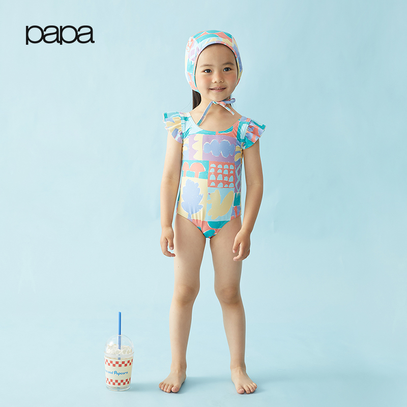 papa爬爬夏季儿童泳衣女童连体荷叶边吊带游泳两件套