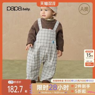 【新品】papa爬爬冬季男女宝宝裤子夹棉可爱格子背带裤洋气百搭