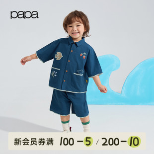 儿童套装 papa爬爬夏季 新品 洋气 短裤 两件套时尚 男女童纯棉衬衫