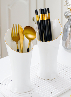 唐山骨瓷筷子筒家用描金叉勺筒筷子筒商用陶瓷沥水火炬收纳笼筷笼