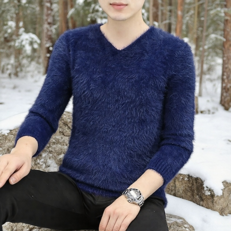 冬季仿水貂绒毛衣男V领薄款针织打底衫纯色休闲马海毛鸡心领线衣