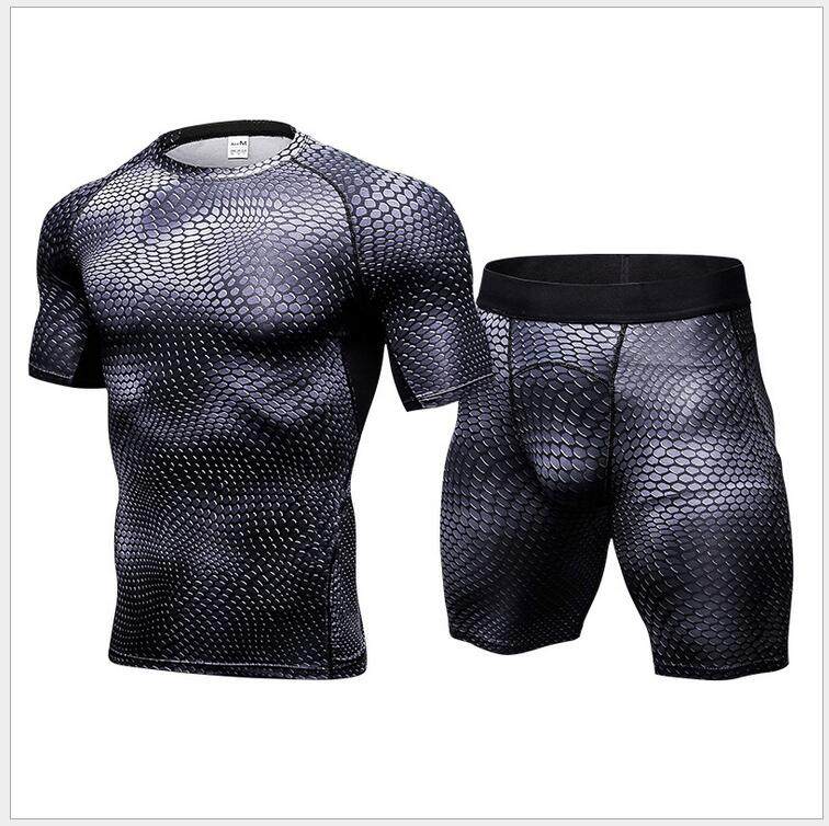 新款男士3D立体印花玉儿恋健身运动服套装紧身弹力速干衣短袖短裤