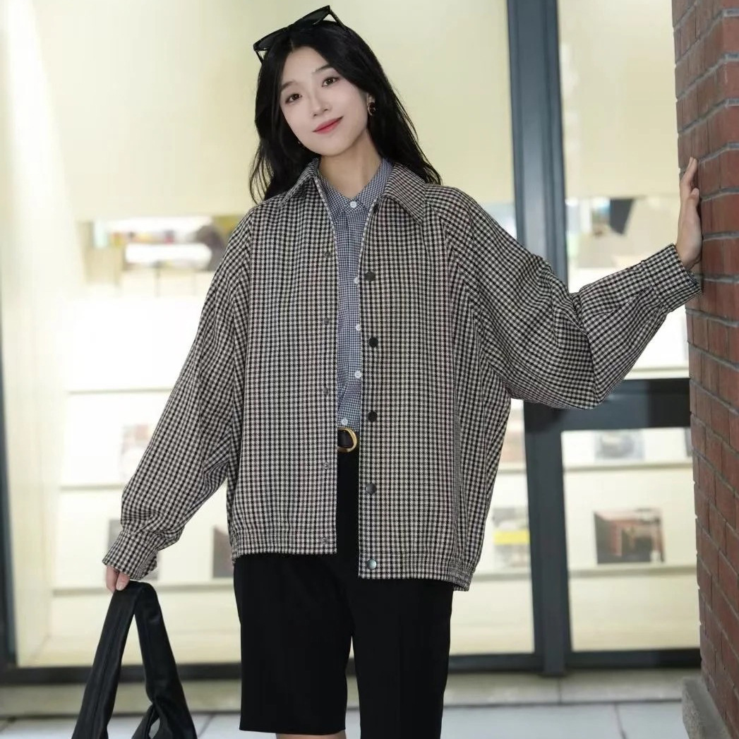 小禾翻领羊毛斜纹布微弹通勤细格